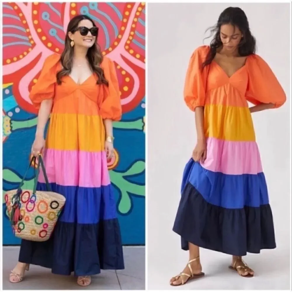 Anthropologie Farm Rio Size S Puff Sleeve Tiered Maxi Dress Colorblock Stripe - Picture 2 of 15